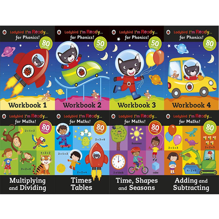 Early Learning Ladybird I'm Ready for Phonics and Maths KS1 8 Books Collection Set