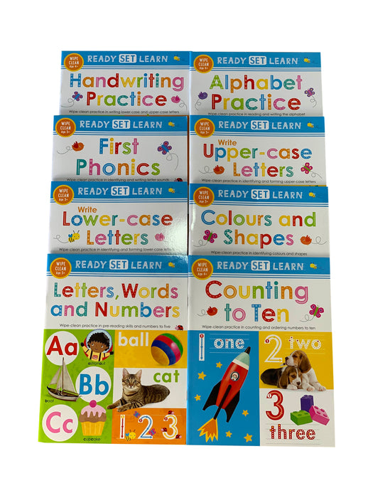Early Learning Pre-School / Reception Ready Set Learn 8 Book Wipe Clean  Set, Colours Shapes Numbers & Phonics